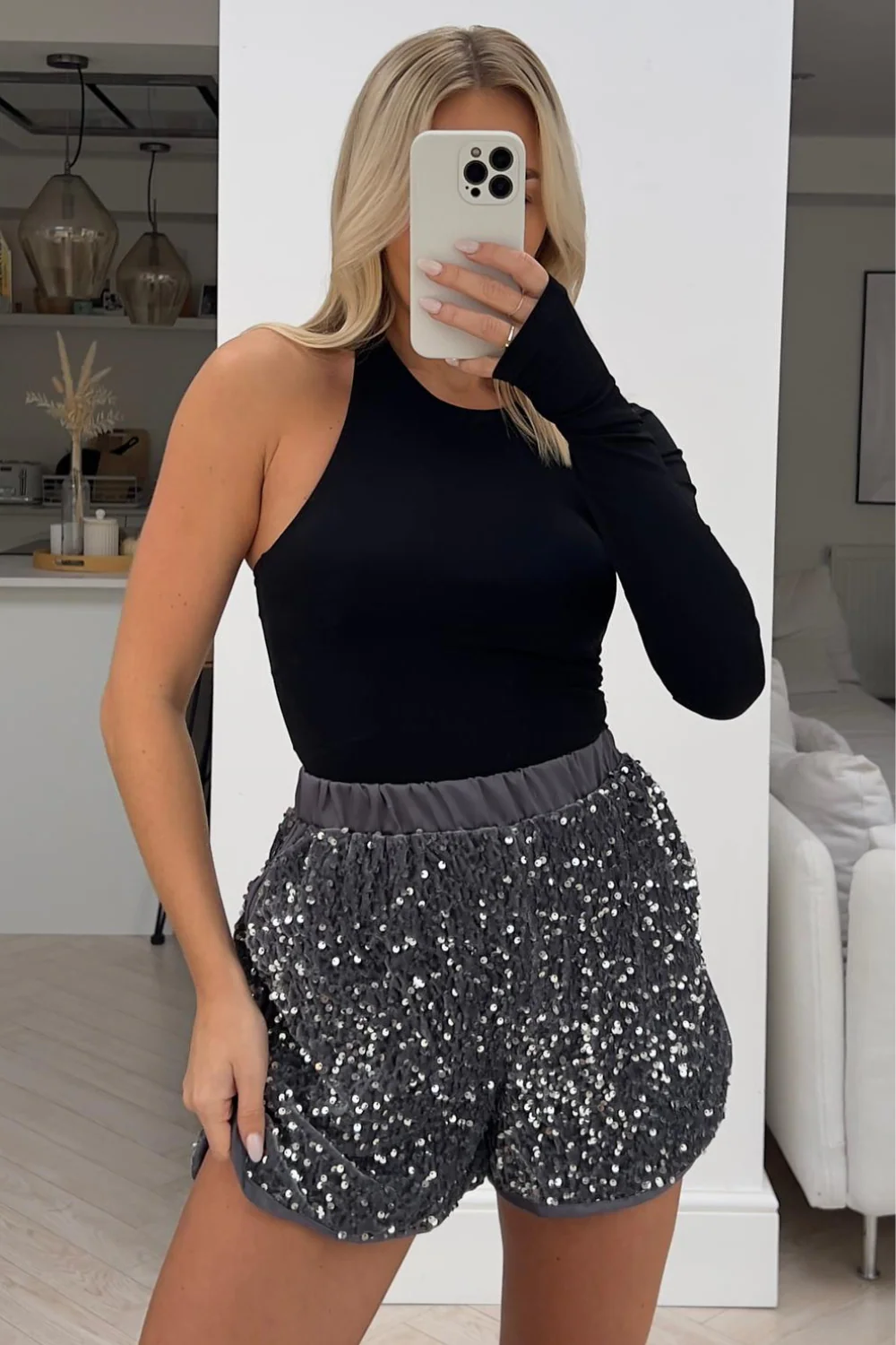Tanisha Satin Velor Silver Sequin Shorts