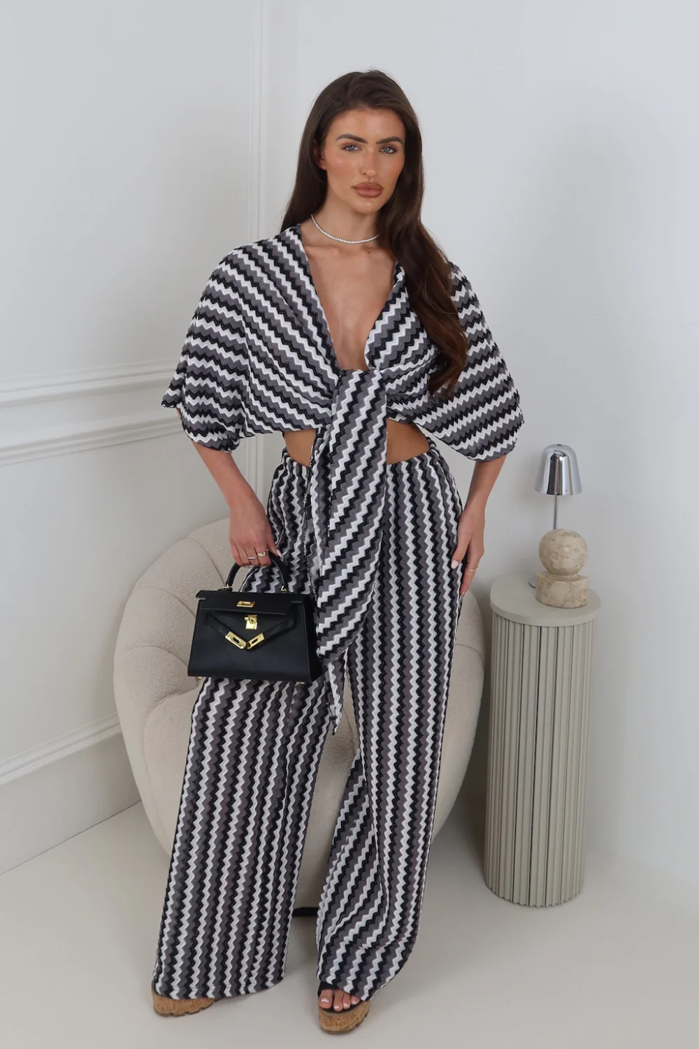 SAVANNAH CHARCOAL MULTI STRIPED WRAP TOP AND PANTS CO ORD TWO PIECE SET