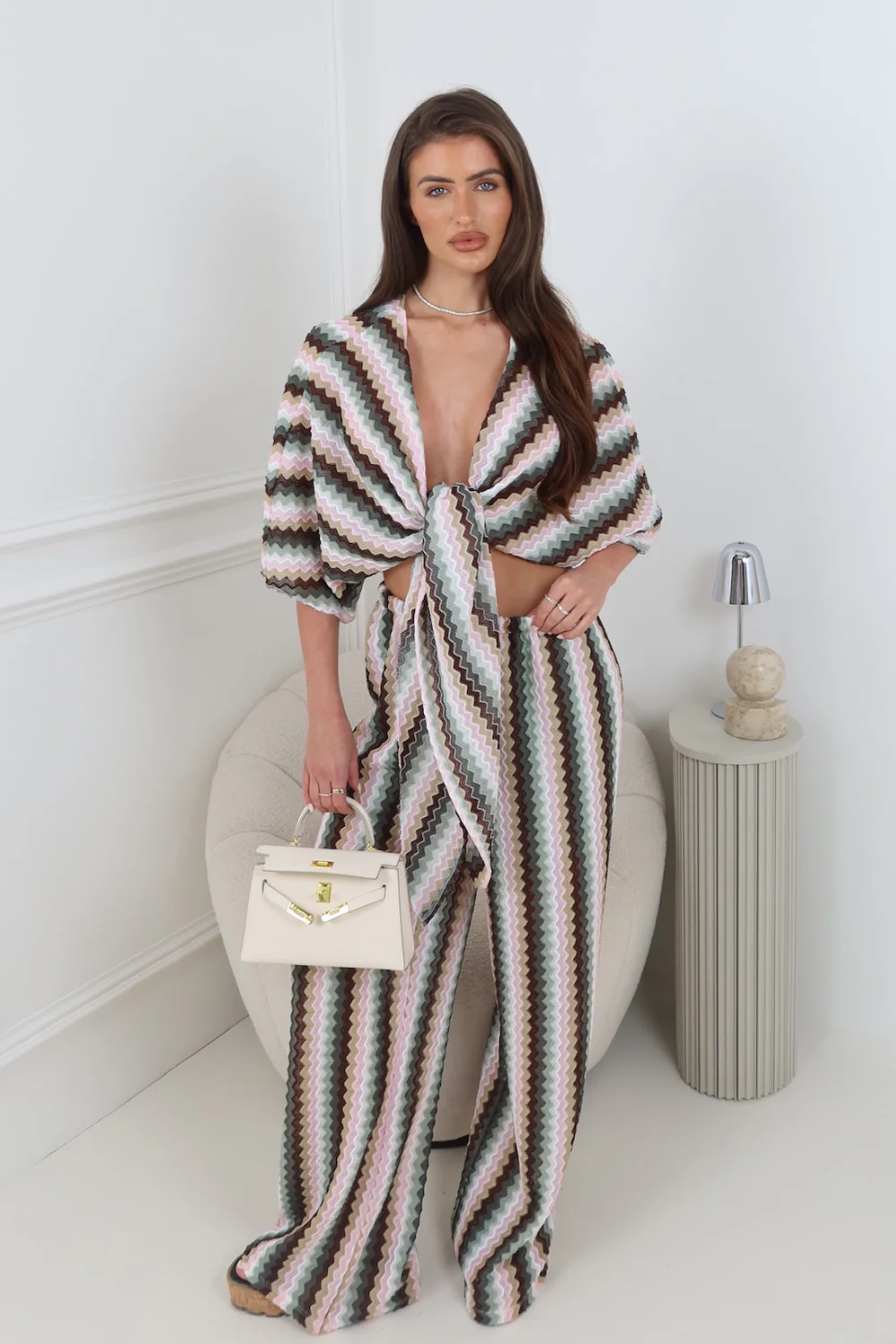 SAVANNAH KHAKI MULTI STRIPED WRAP TOP AND PANTS