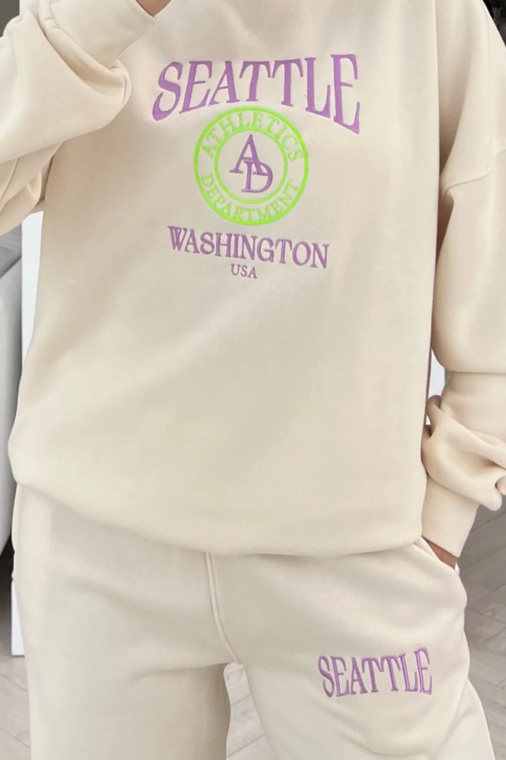 Seattle Washington ecru & lilac embroidered sweater loungewear set - Image 3