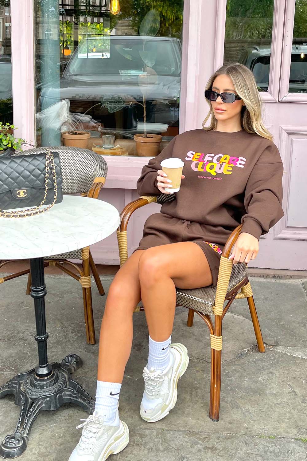 self care clique chocolate brown sweater short loungewear set - Image 3