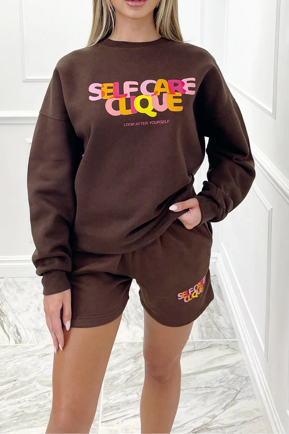 self care clique chocolate brown sweater short loungewear set - Image 4