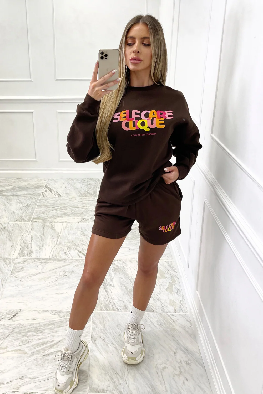 self care clique chocolate brown sweater short loungewear set - Image 6