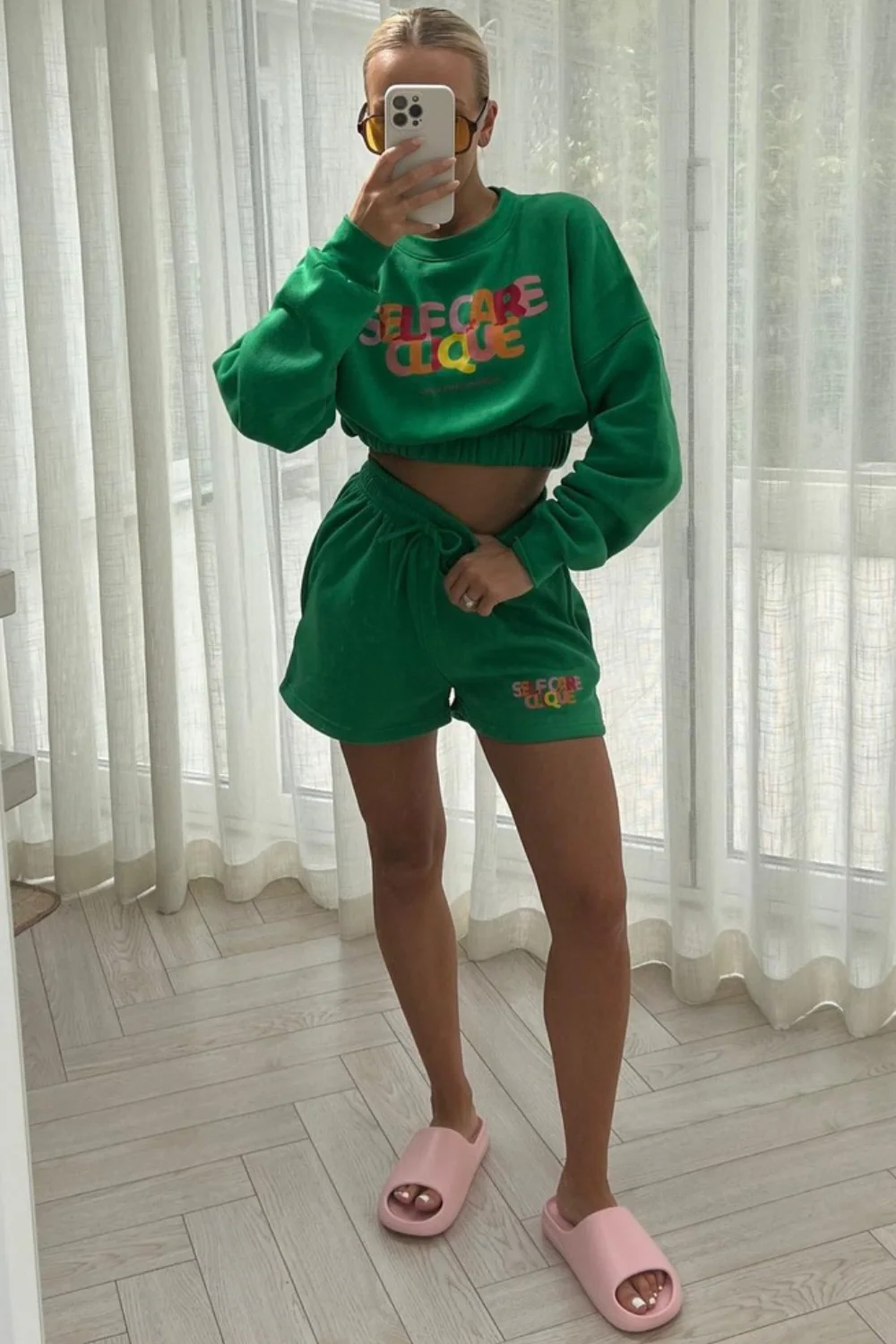 self care clique green cropped  short loungewear set
