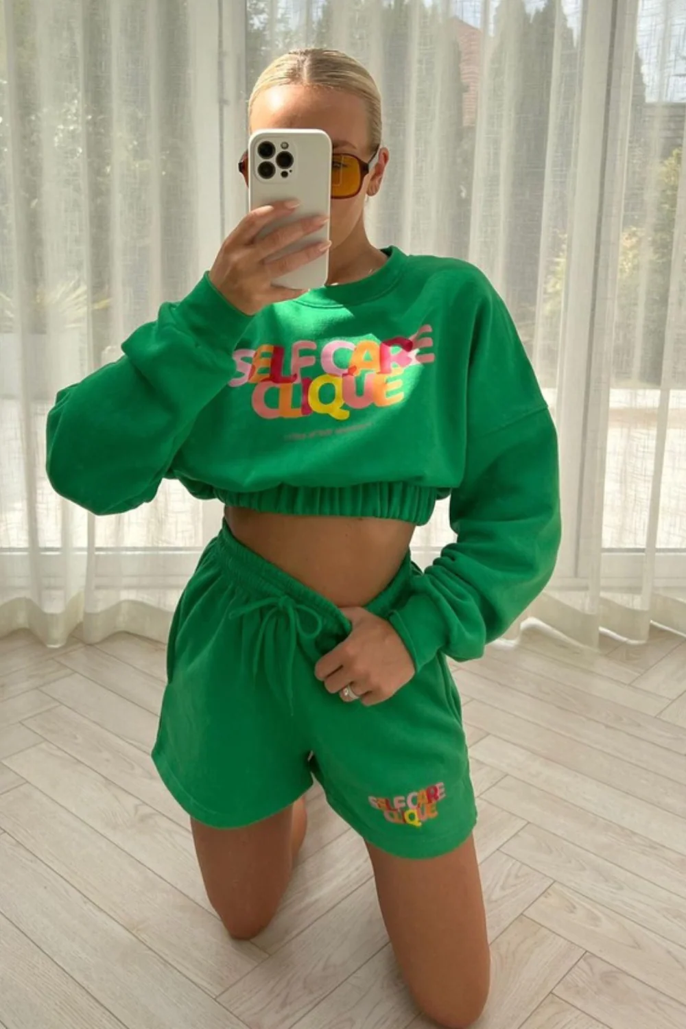 self care clique green cropped  short loungewear set - Image 3
