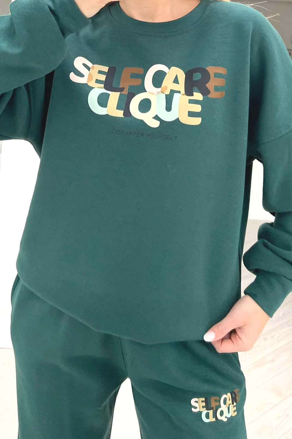 Self care clique forest green printed sweater loungewear set - Image 2