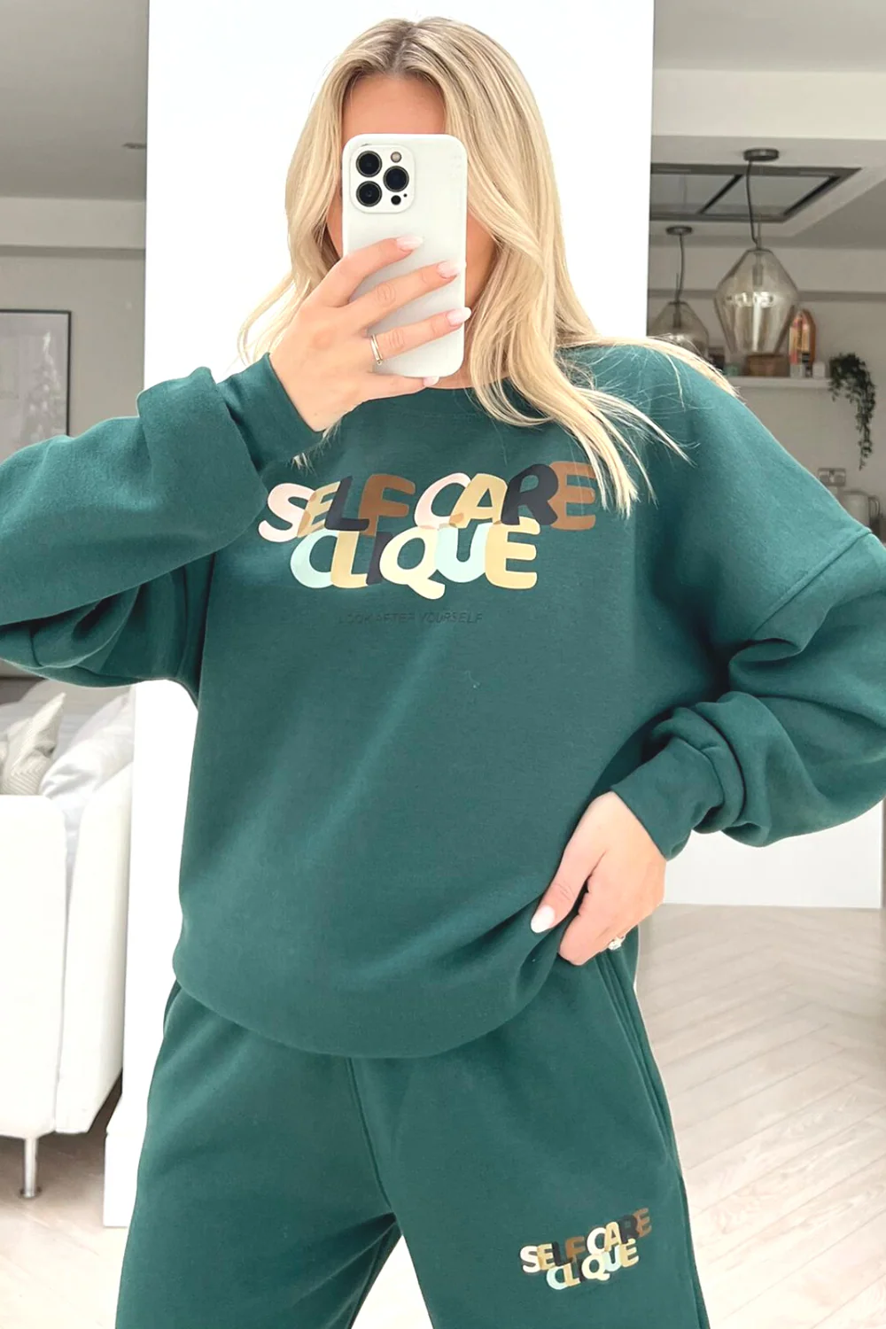 Self care clique forest green printed sweater loungewear set - Image 3