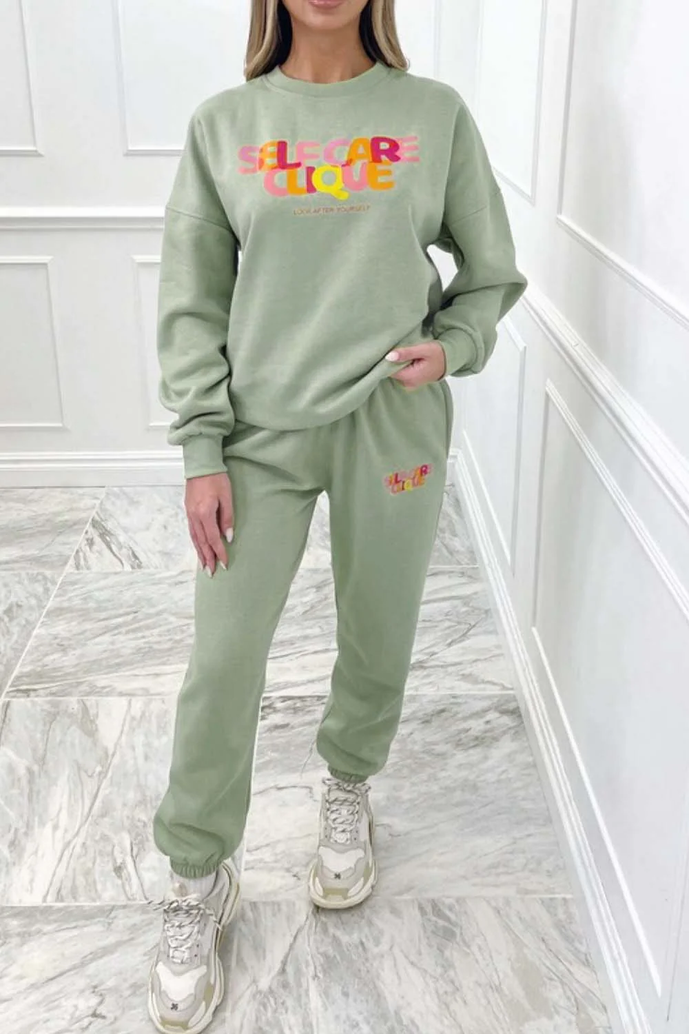 self care clique sage printed sweater loungewear set
