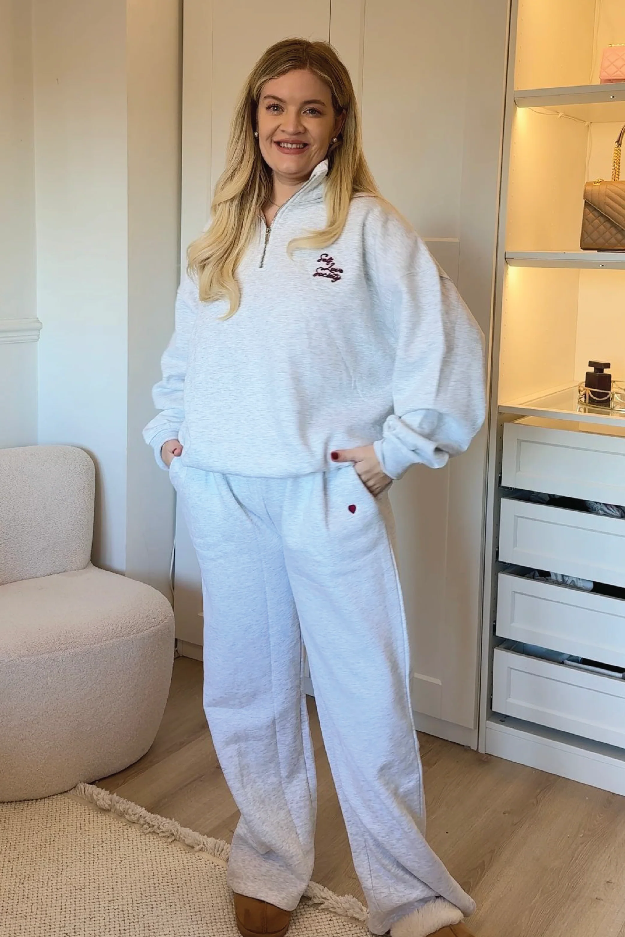 SELF LOVE SOCIETY HEART MARL GREY & BURGUNDY EMBROIDERED STRAIGHT LEG JOGGERS - Image 3