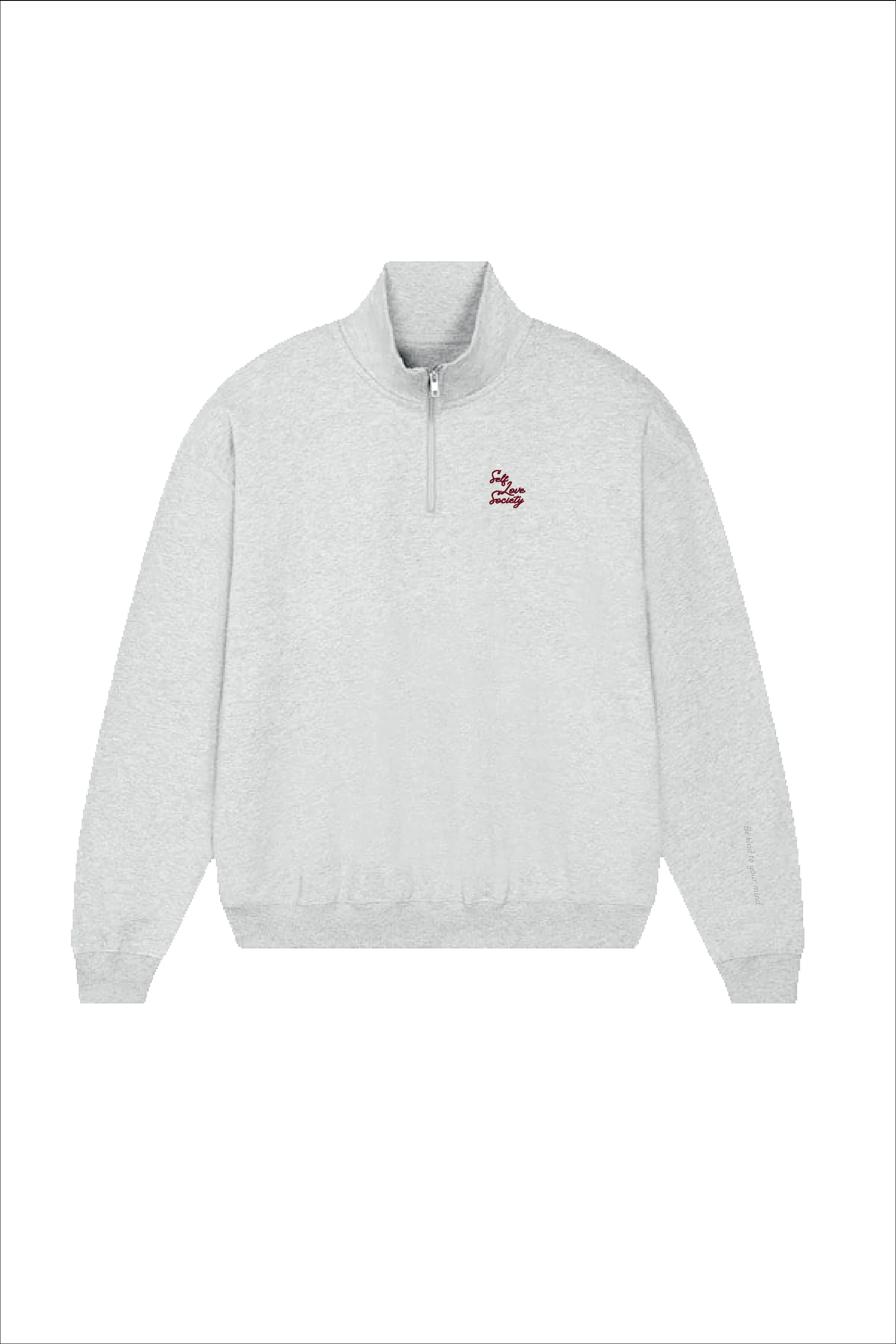 SELF LOVE SOCIETY MARL GREY & BURGUNDY 3D EMBROIDERED 3/4 ZIP SWEATER - Image 3