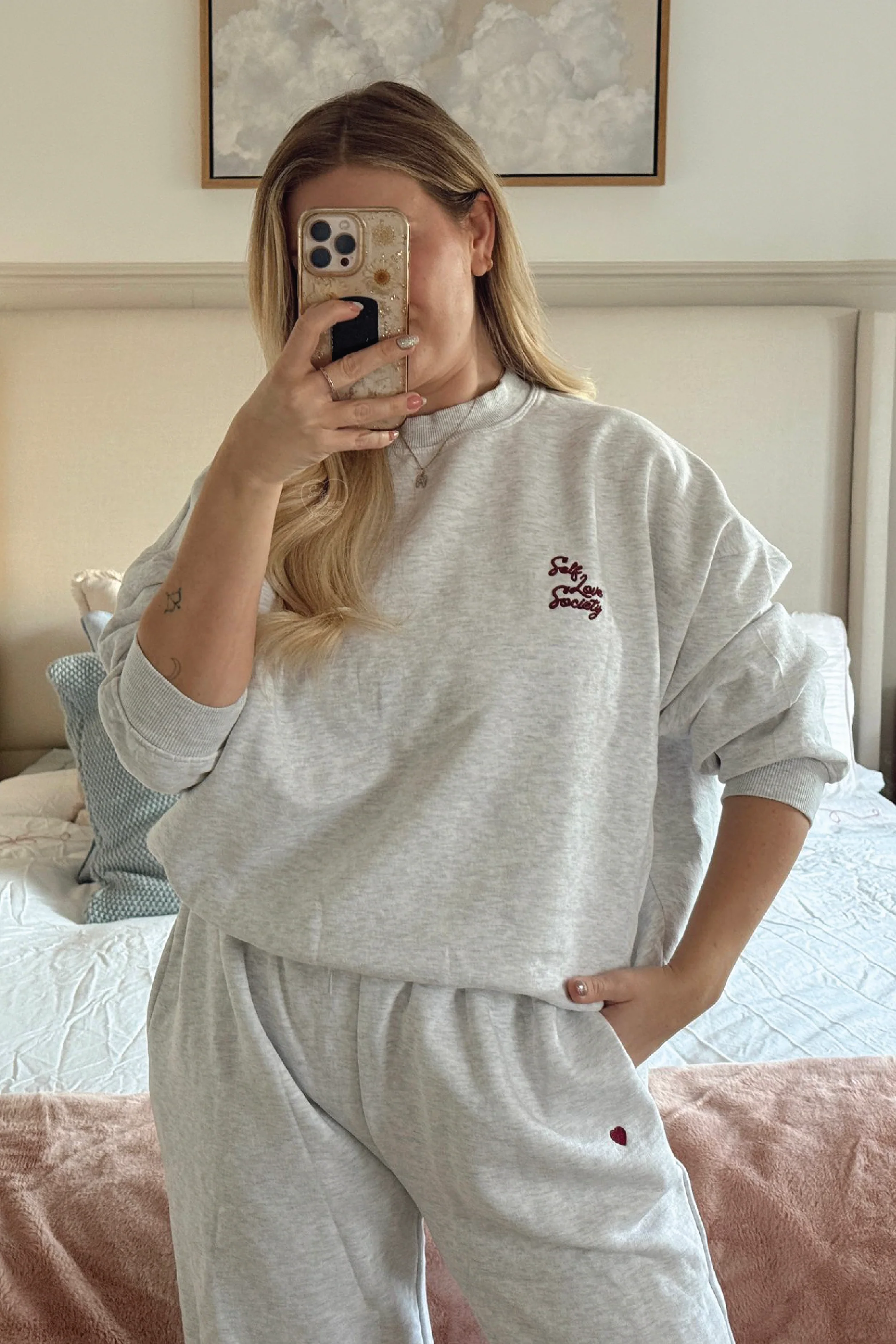 SELF LOVE SOCIETY MARL GREY & BURGUNDY 3D EMBROIDERED SWEATER - Image 2