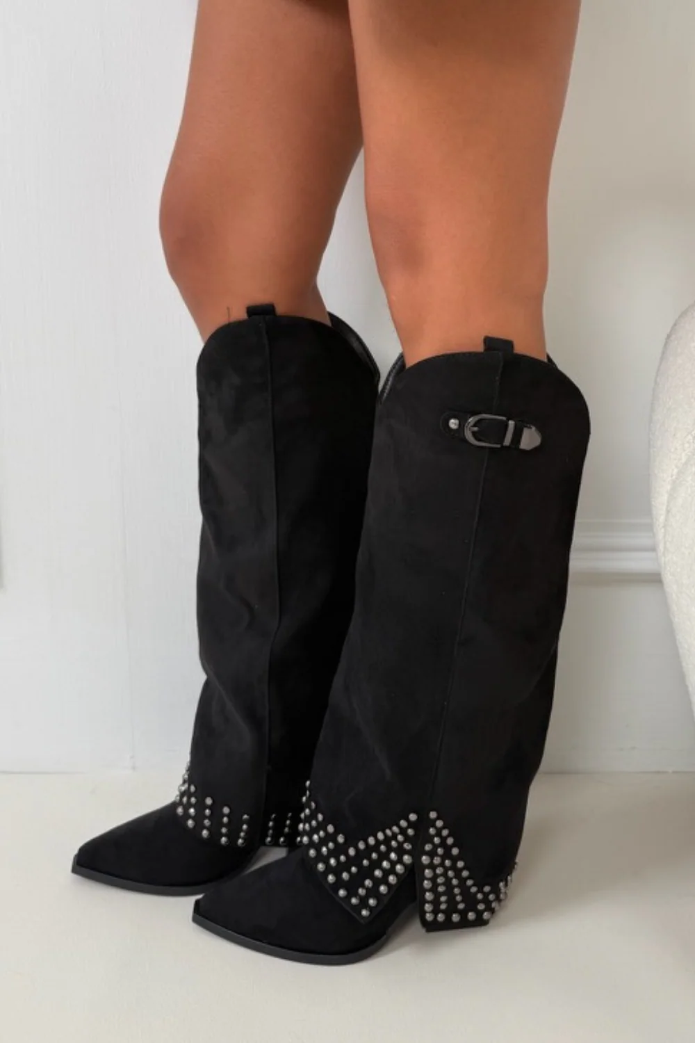 SERENE BLACK FAUX SUEDE STUDDED BOOTS - Image 2