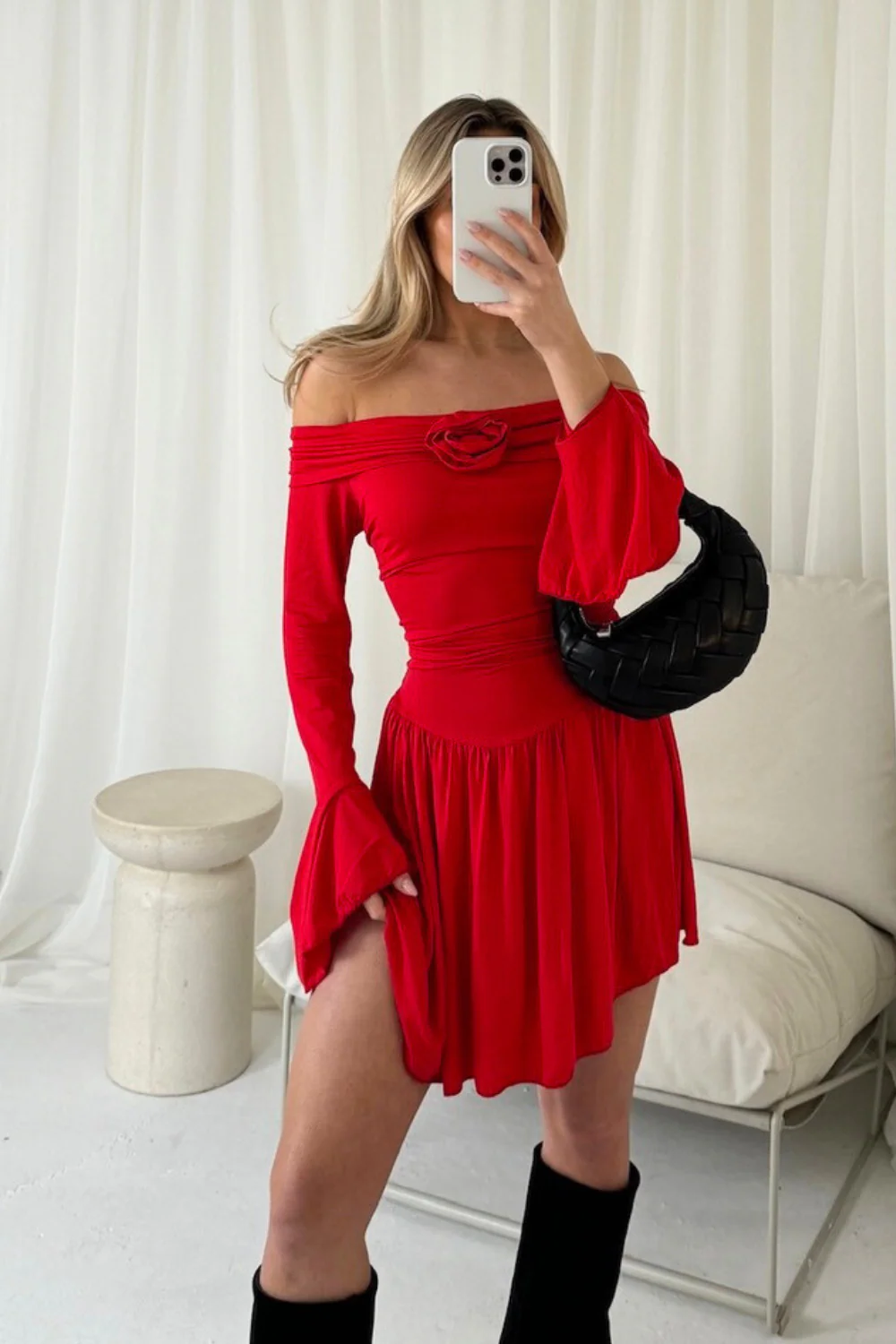 Sienna red bardot rose dress - Image 2