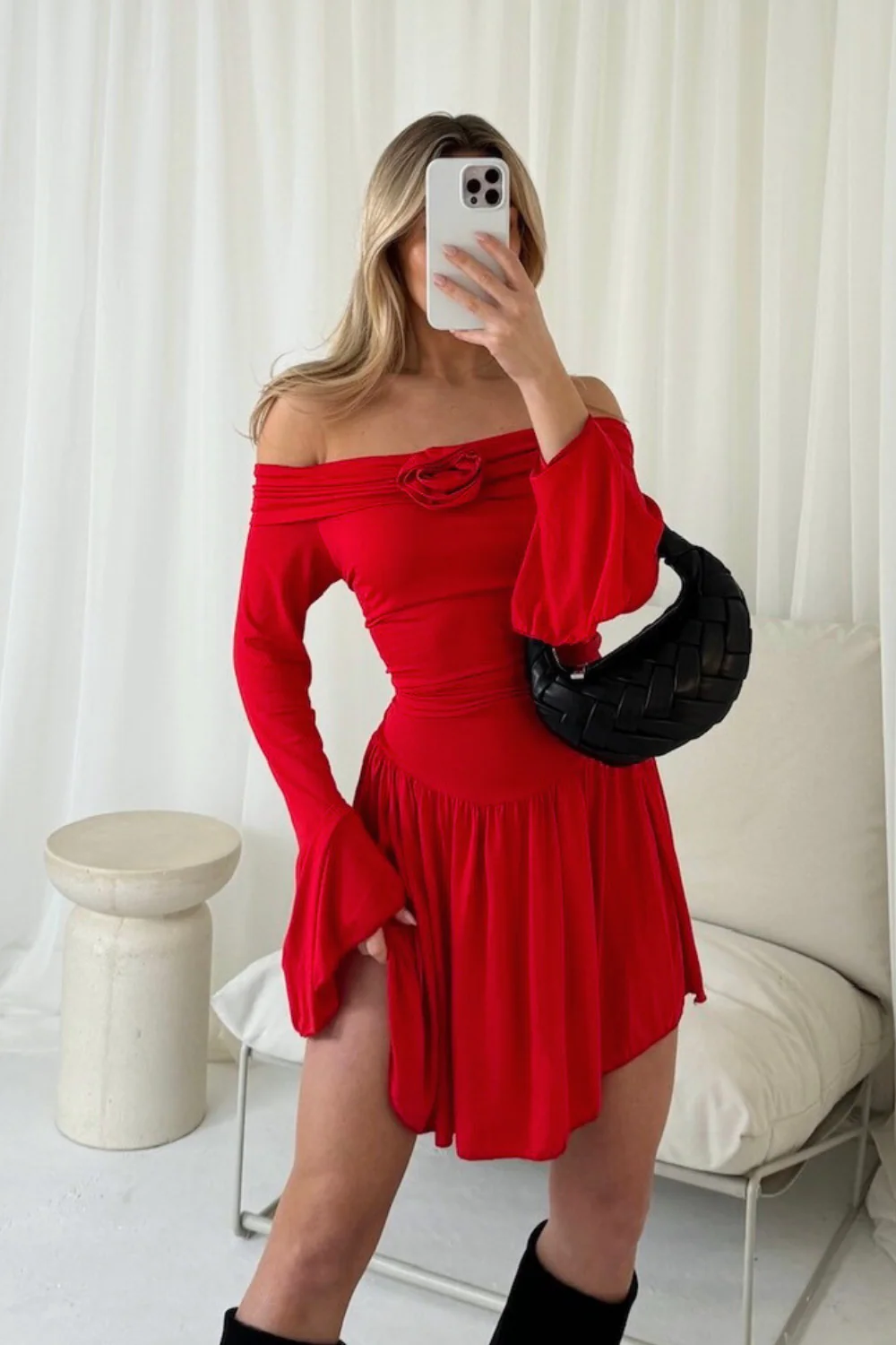 Sienna red bardot rose dress - Image 4