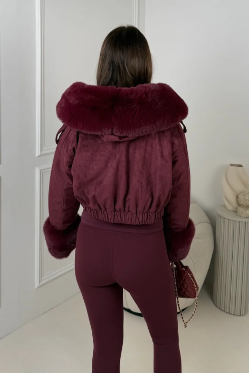 SILAS BURGUNDY FAUX SUEDE CROPPED FAUX FUR CUFF & HOODED JACKET - Image 3