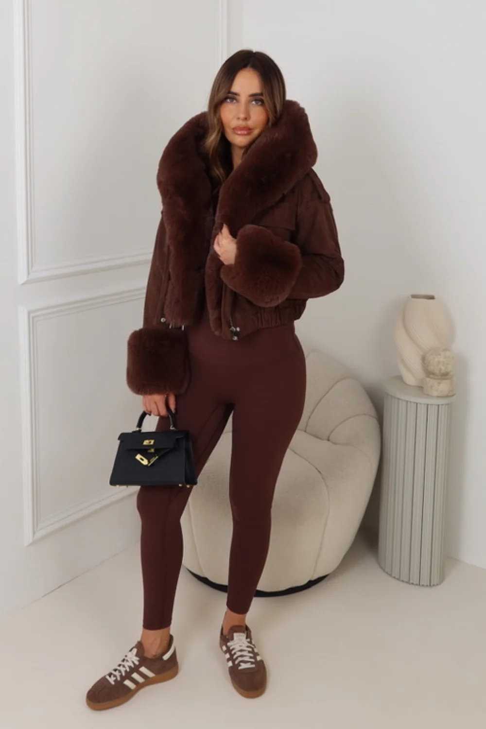 SILAS CHOCOLATE FAUX SUEDE CROPPED FAUX FUR CUFF & HOODED JACKET - Image 2