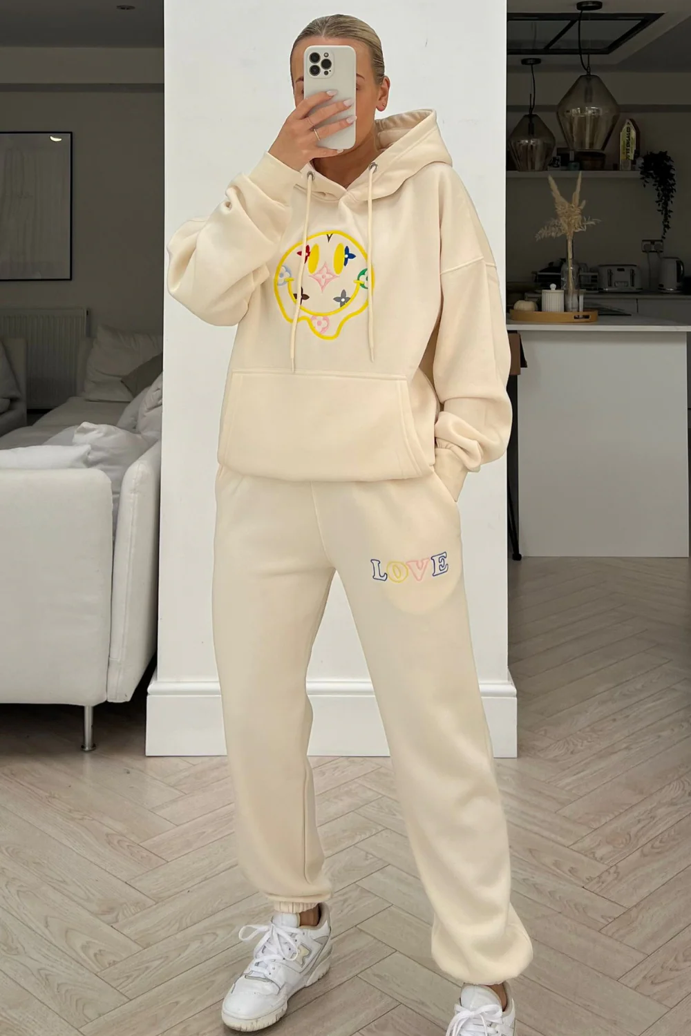Smiley pattern ecru embroidered  hooded loungewear set