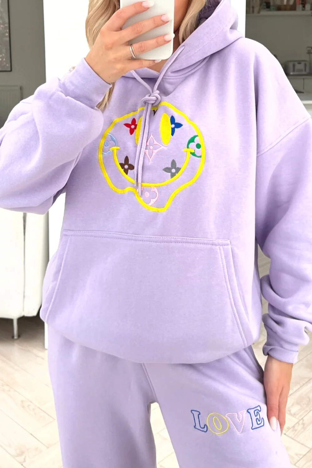 Smiley pattern lilac embroidered  hooded loungewear set - Image 2