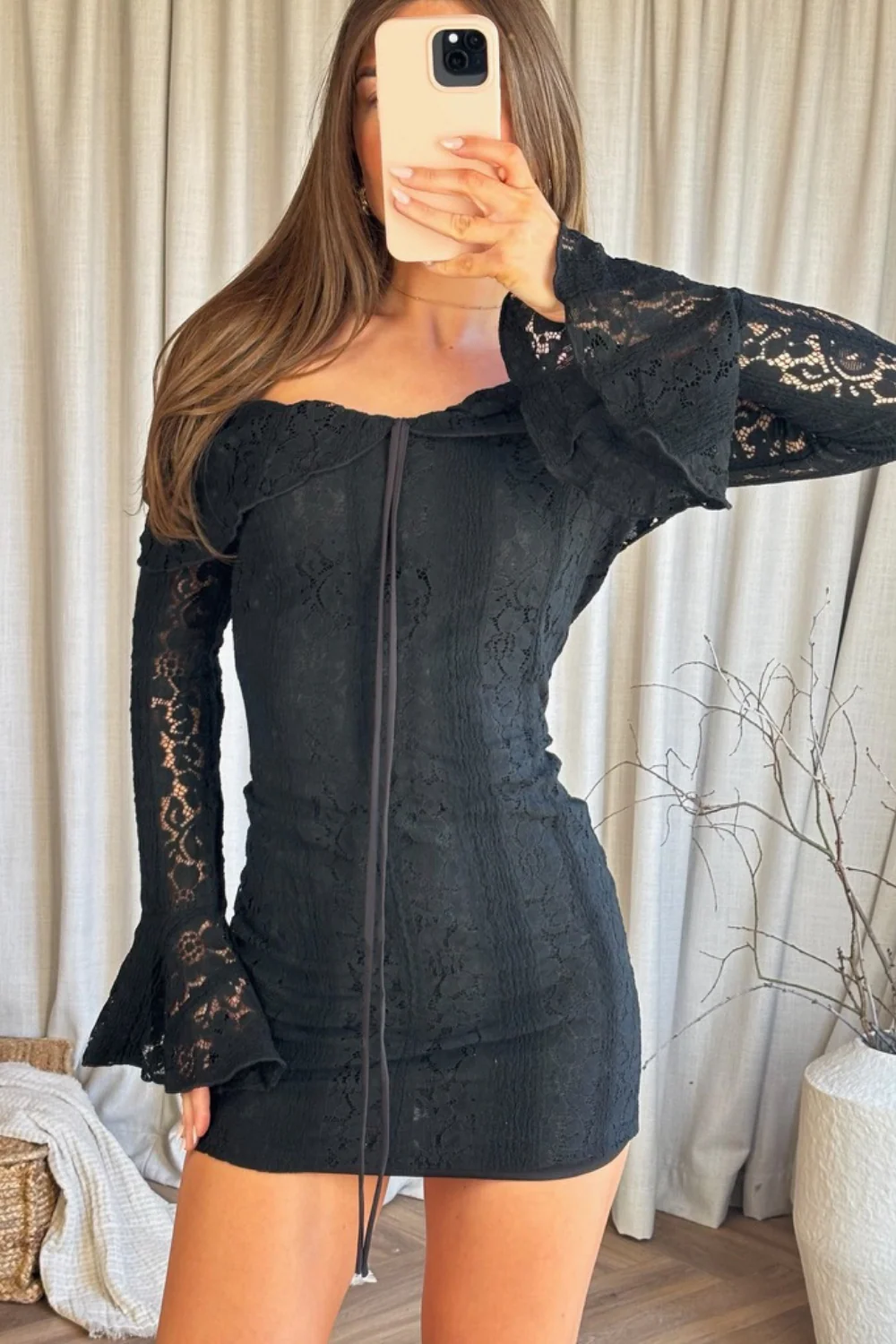 Sophia black lined lace bardot mini dress - Image 2