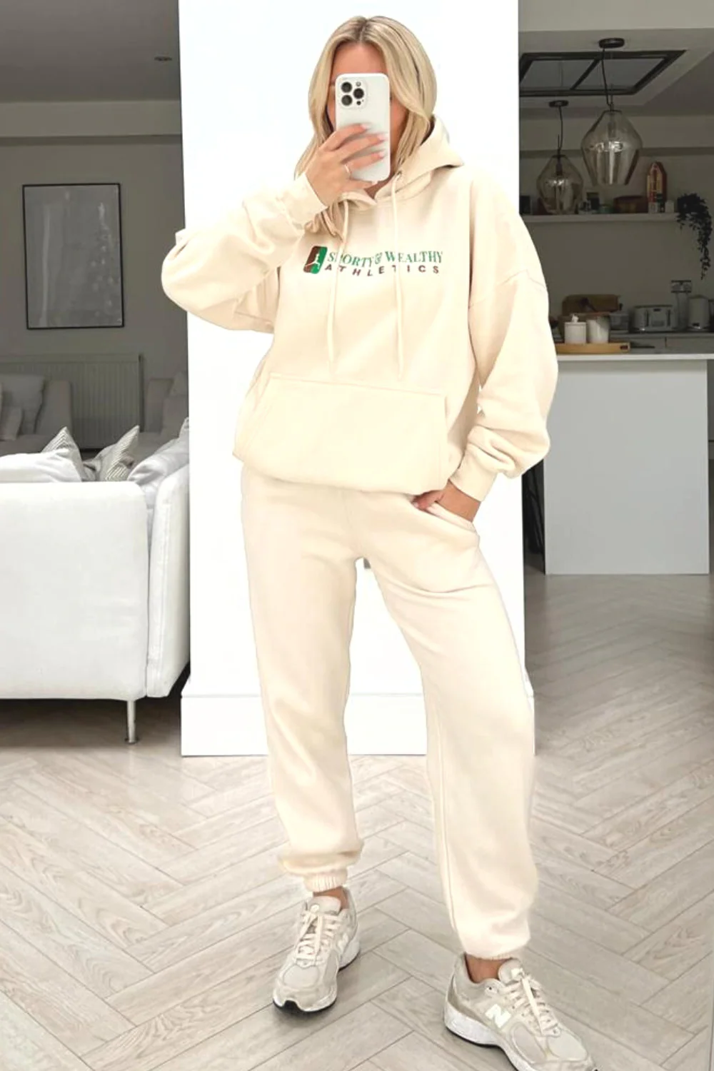 Sporty athletics ecru embroidered hooded loungewear set - Image 2
