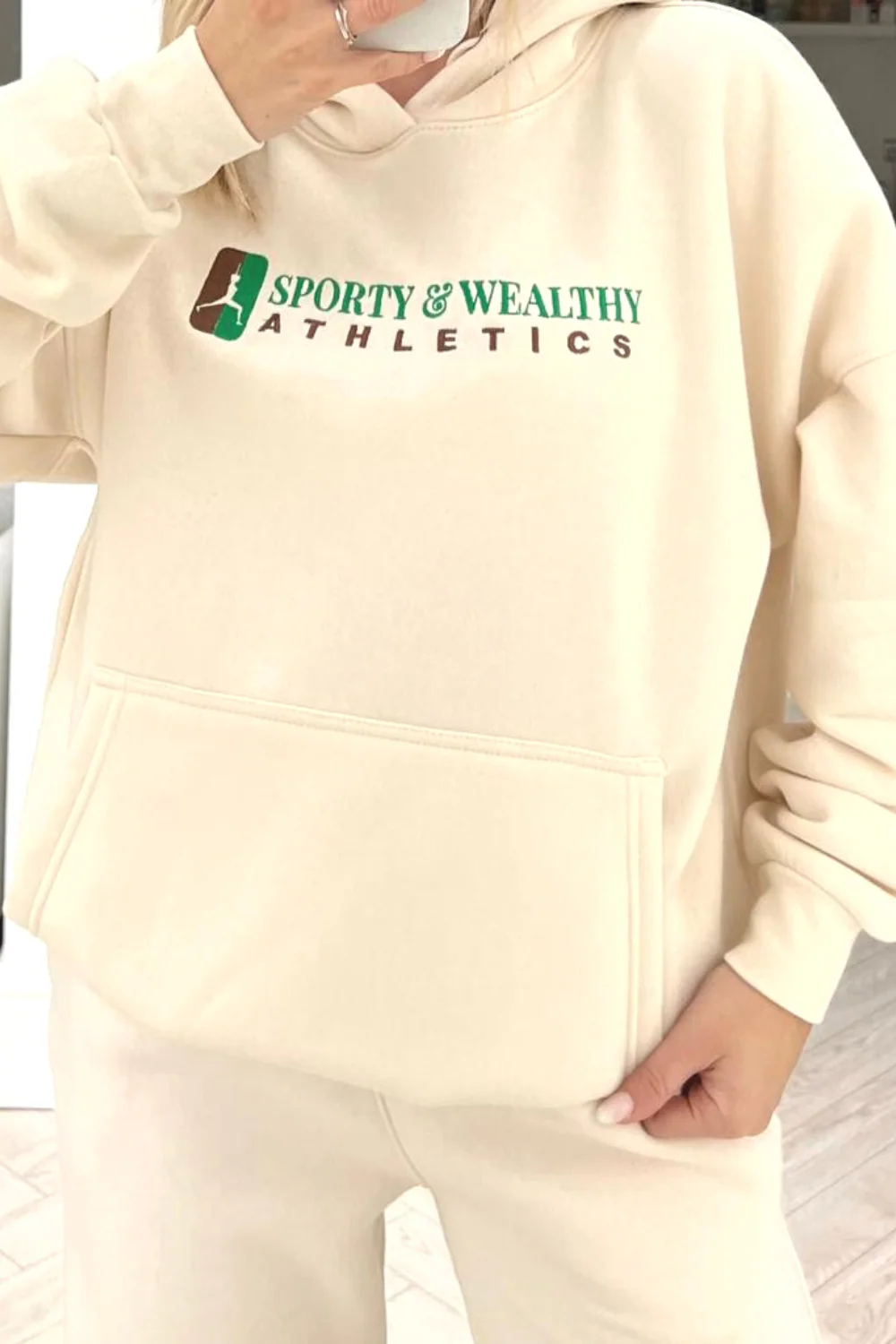 Sporty athletics ecru embroidered hooded loungewear set - Image 3