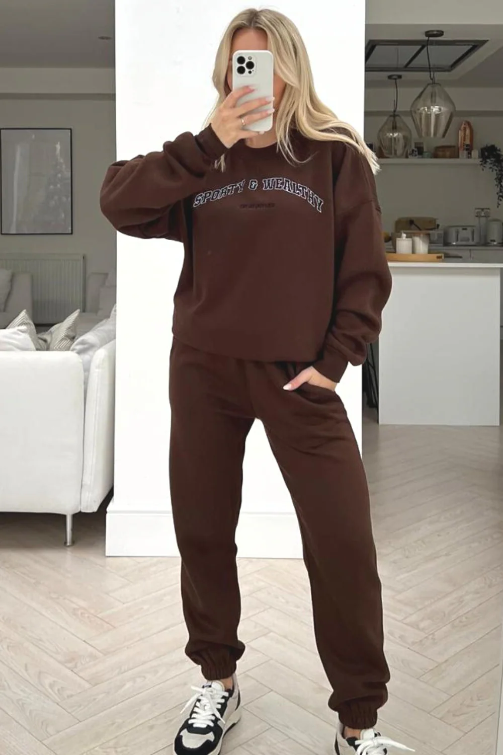 Sporty or whatever chocolate embroidered sweater loungewear set - Image 2
