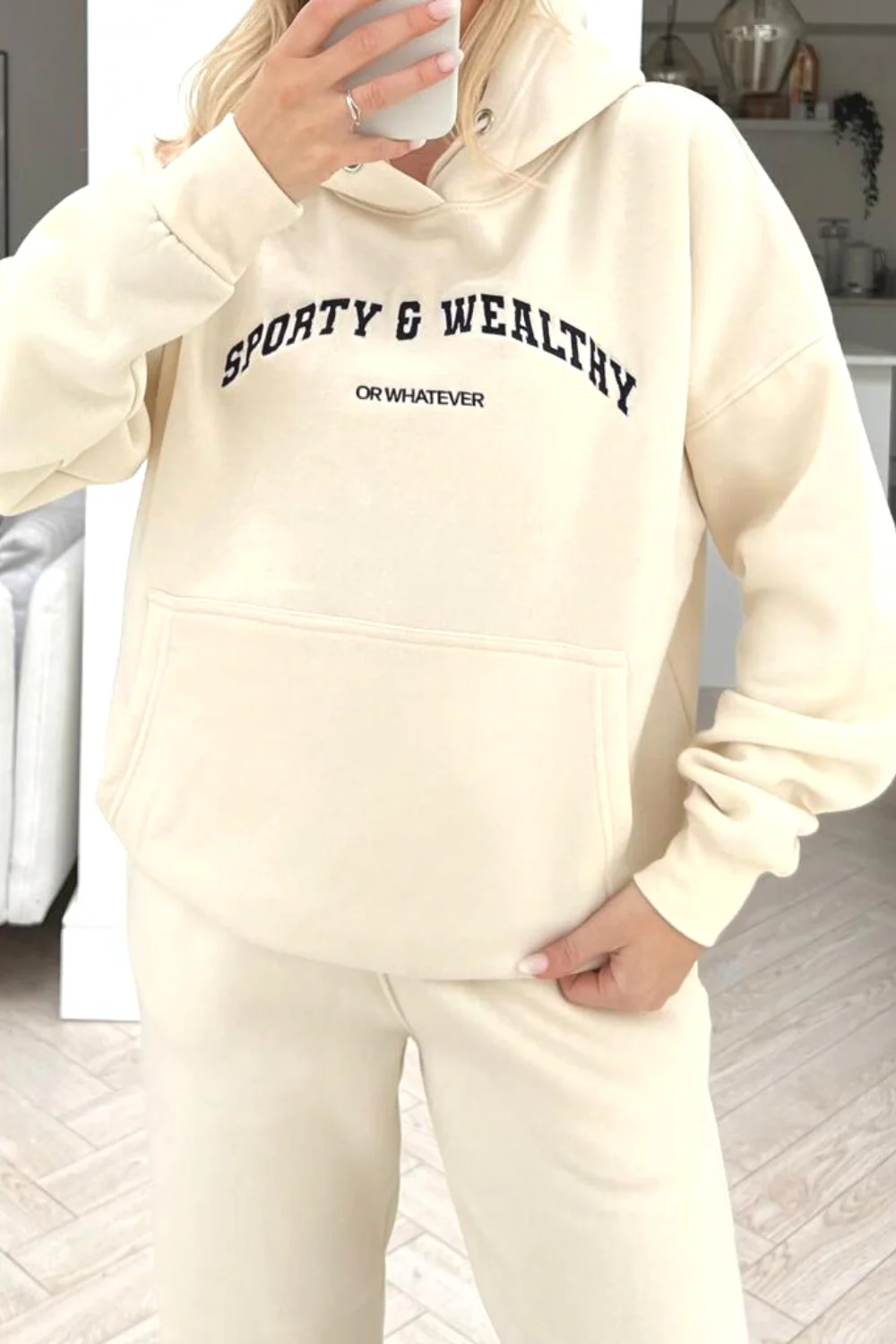 Sporty or whatever ecru embroidered hooded loungewear set - Image 2