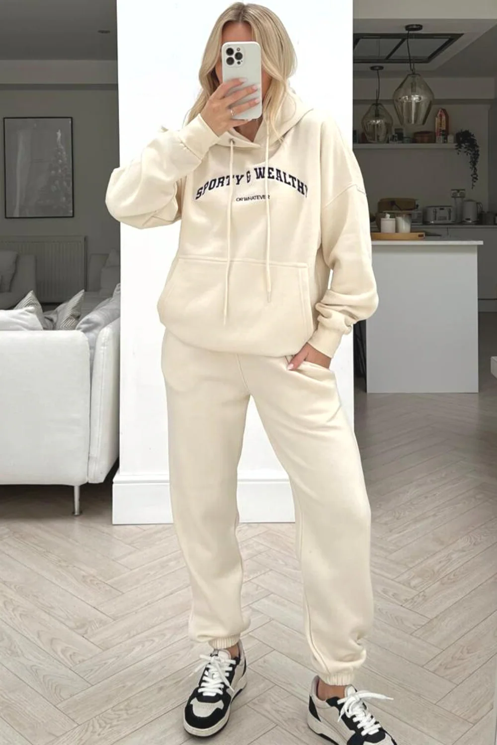Sporty or whatever ecru embroidered hooded loungewear set - Image 3