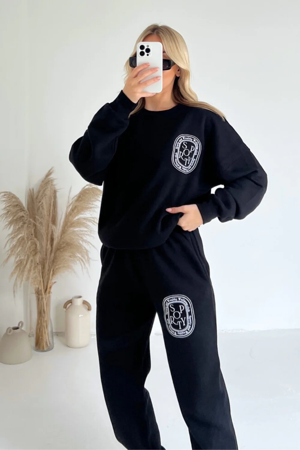 Sporty & wealthy black printed embroidered joggers premium loungewear - Image 2