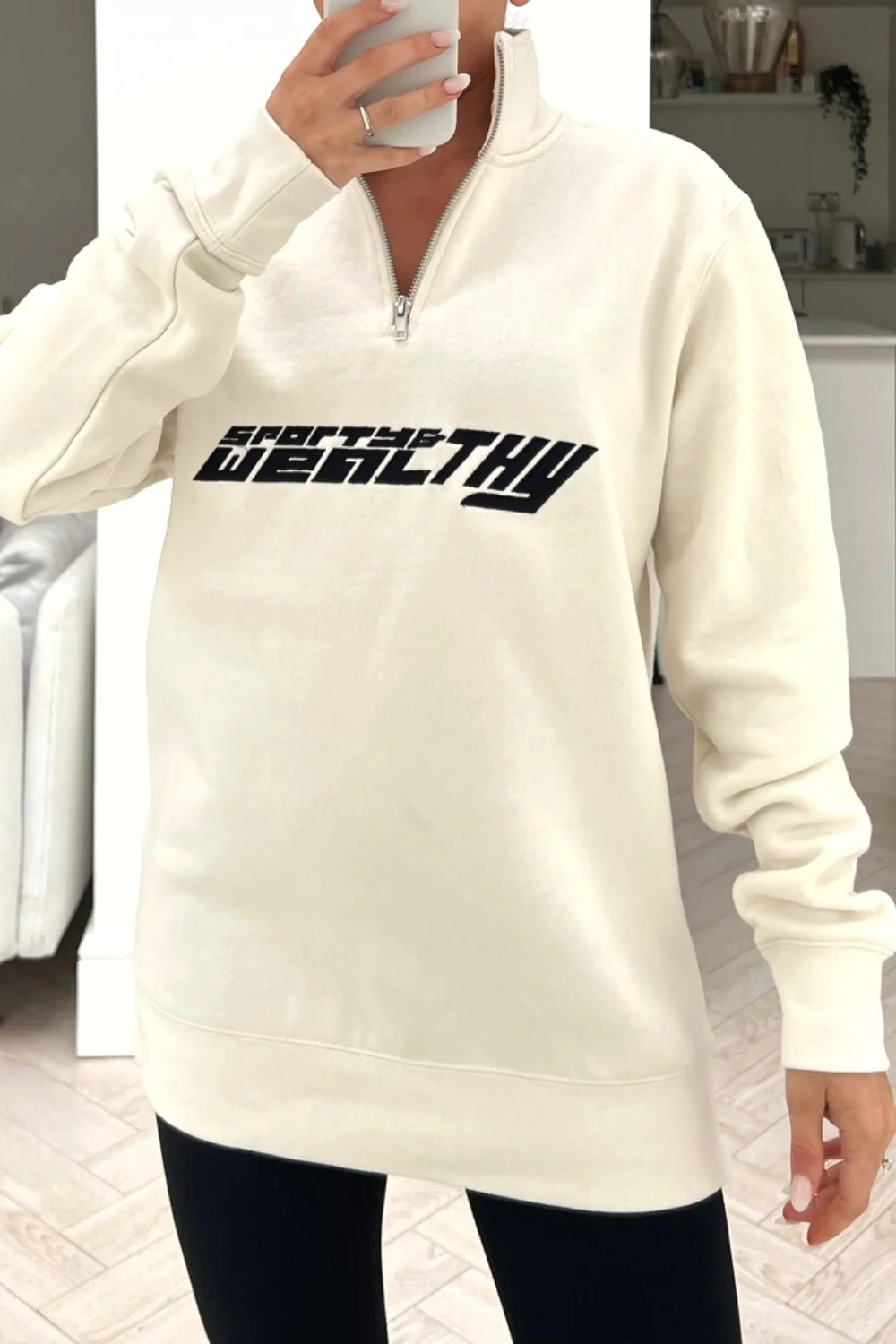 sporty & wealthy ecru embroidered 1/4 zip sweater - Image 2