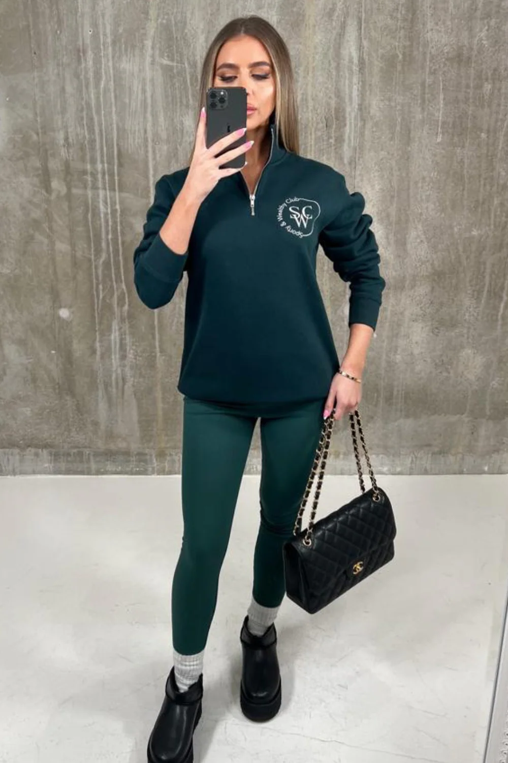 Sporty Wellness Club forest green embroidered 1/4 zip sweater - Image 3