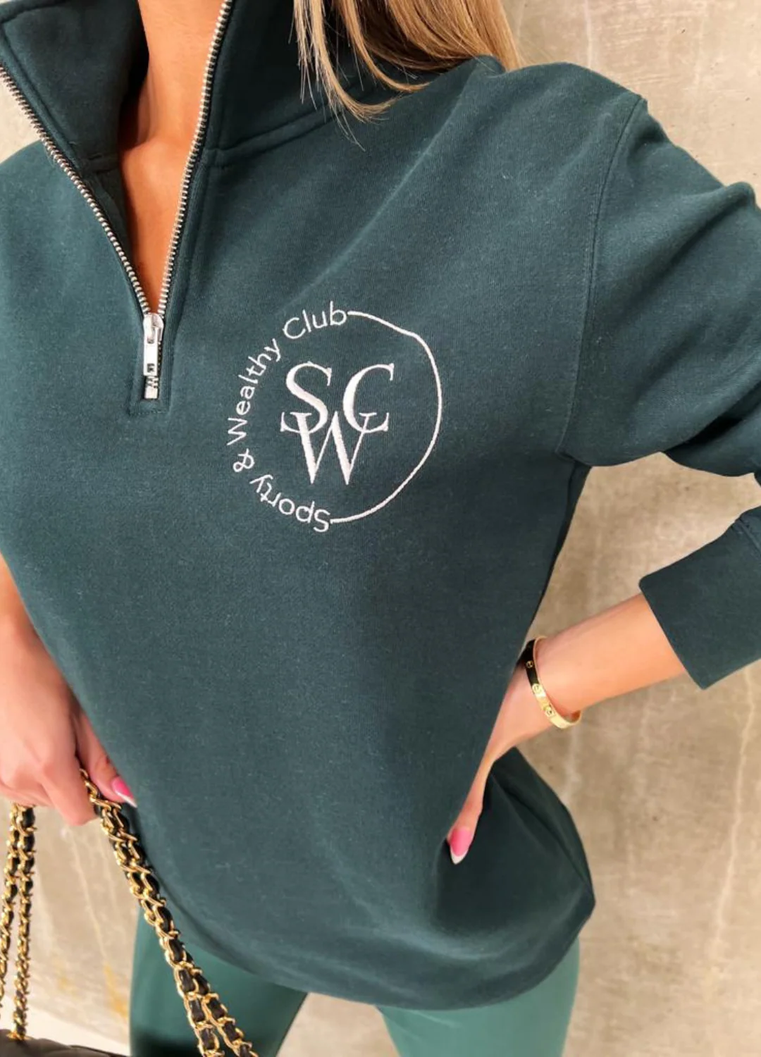 Sporty Wellness Club forest green embroidered 1/4 zip sweater - Image 4