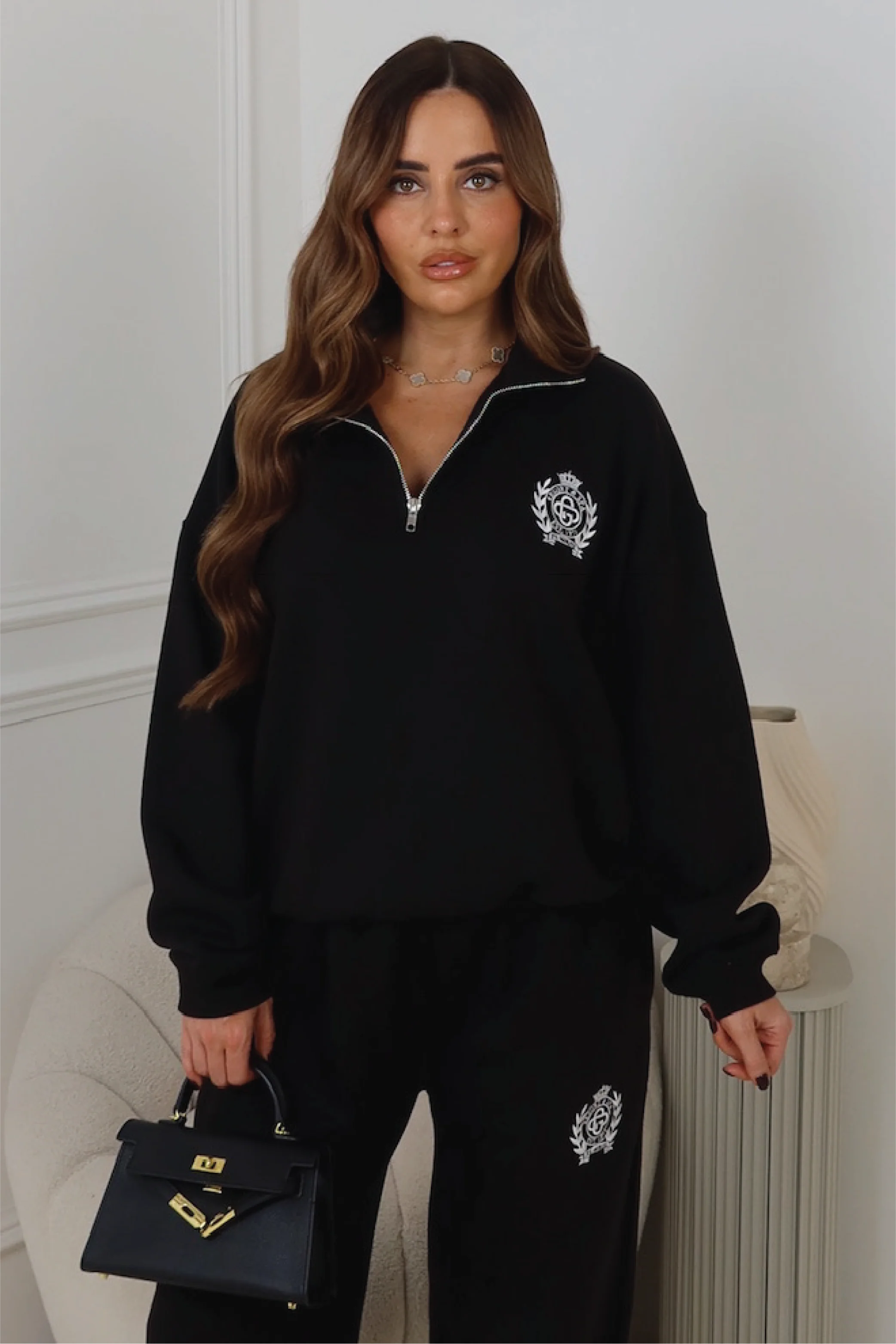 ST MORITZ BLACK EMBROIDERED 3/4 ZIP & STRAIGHT LEG TROUSERS LOUNGEWEAR - Image 3