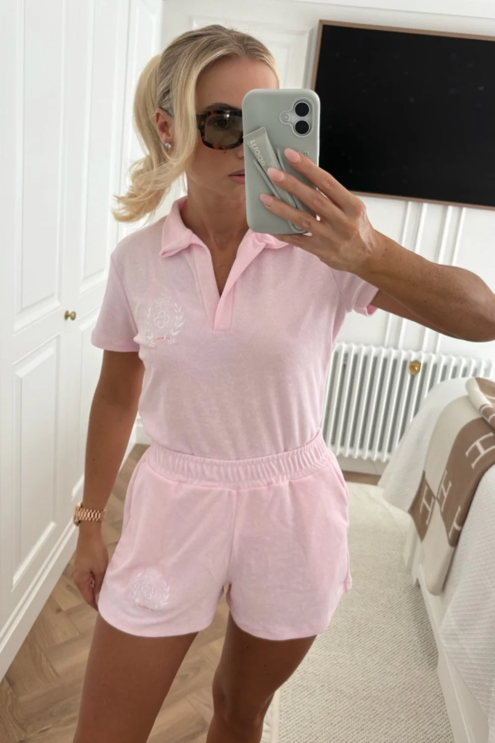 St Moritz pink embroidered towelling polo shorts co-ord