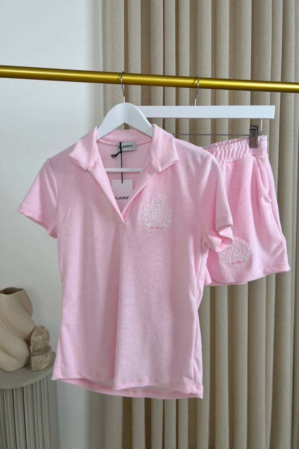 St Moritz pink embroidered towelling polo shorts co-ord - Image 4