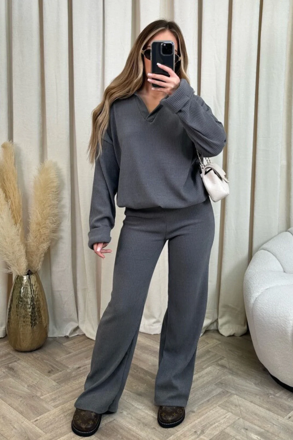 Stacey grey ribbed loungewear set - Image 2