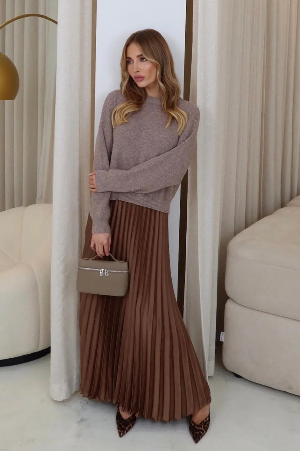 Stacie camel pleated long sweater dress - Image 2