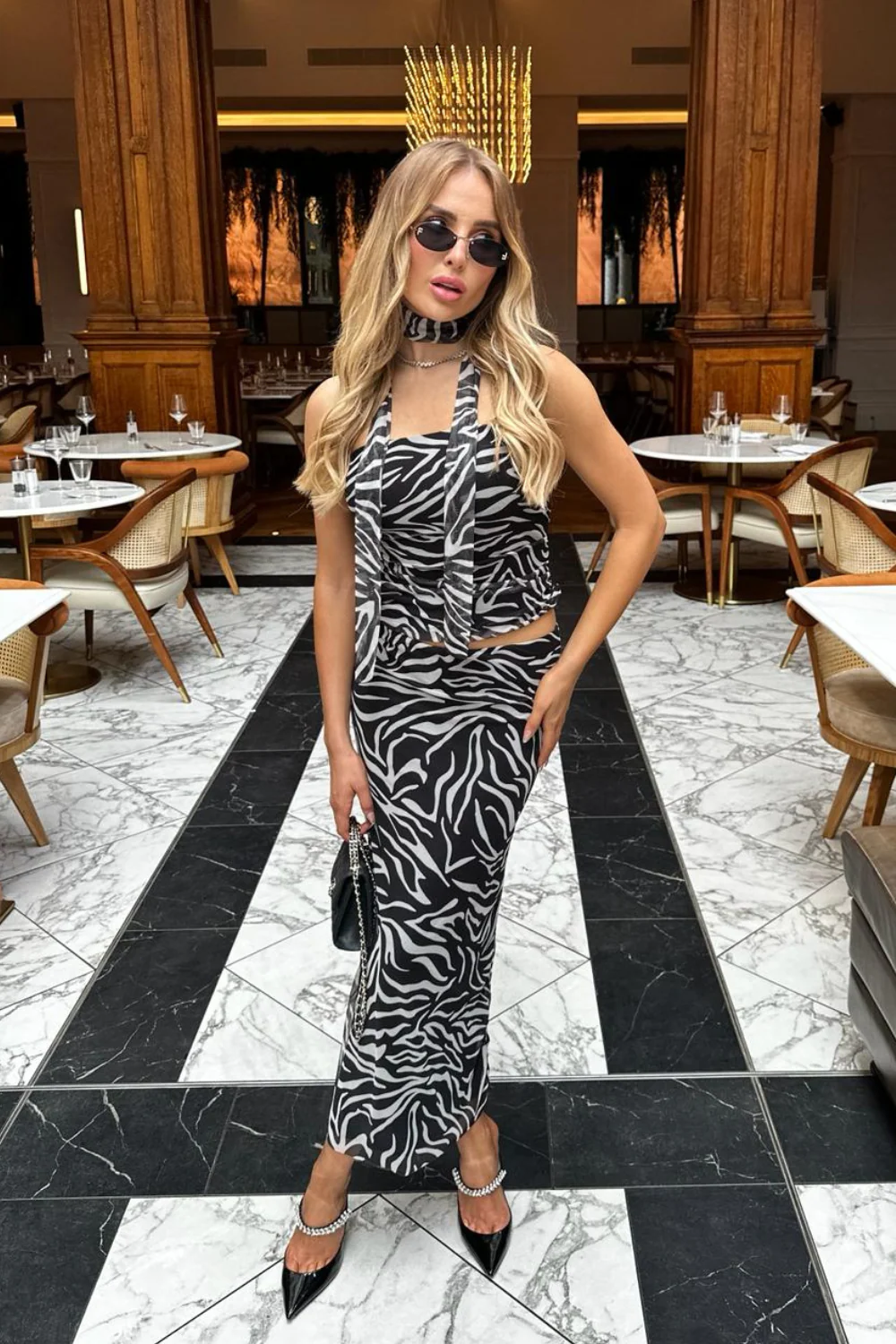 Stassi zebra mesh midi skirt and scarf co-ord - Image 2