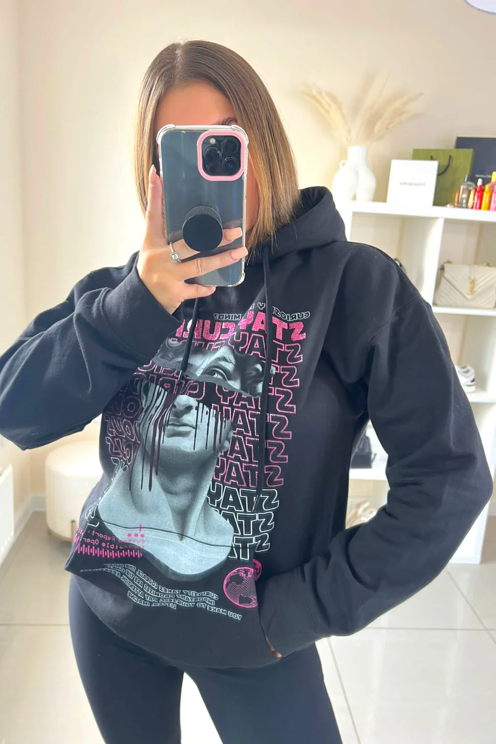 Stay curious black printed drawstring hoodie