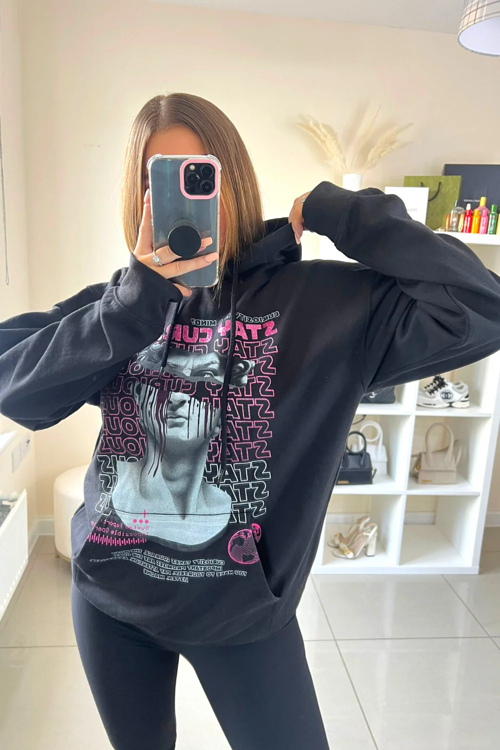 Stay curious black printed drawstring hoodie - Image 2
