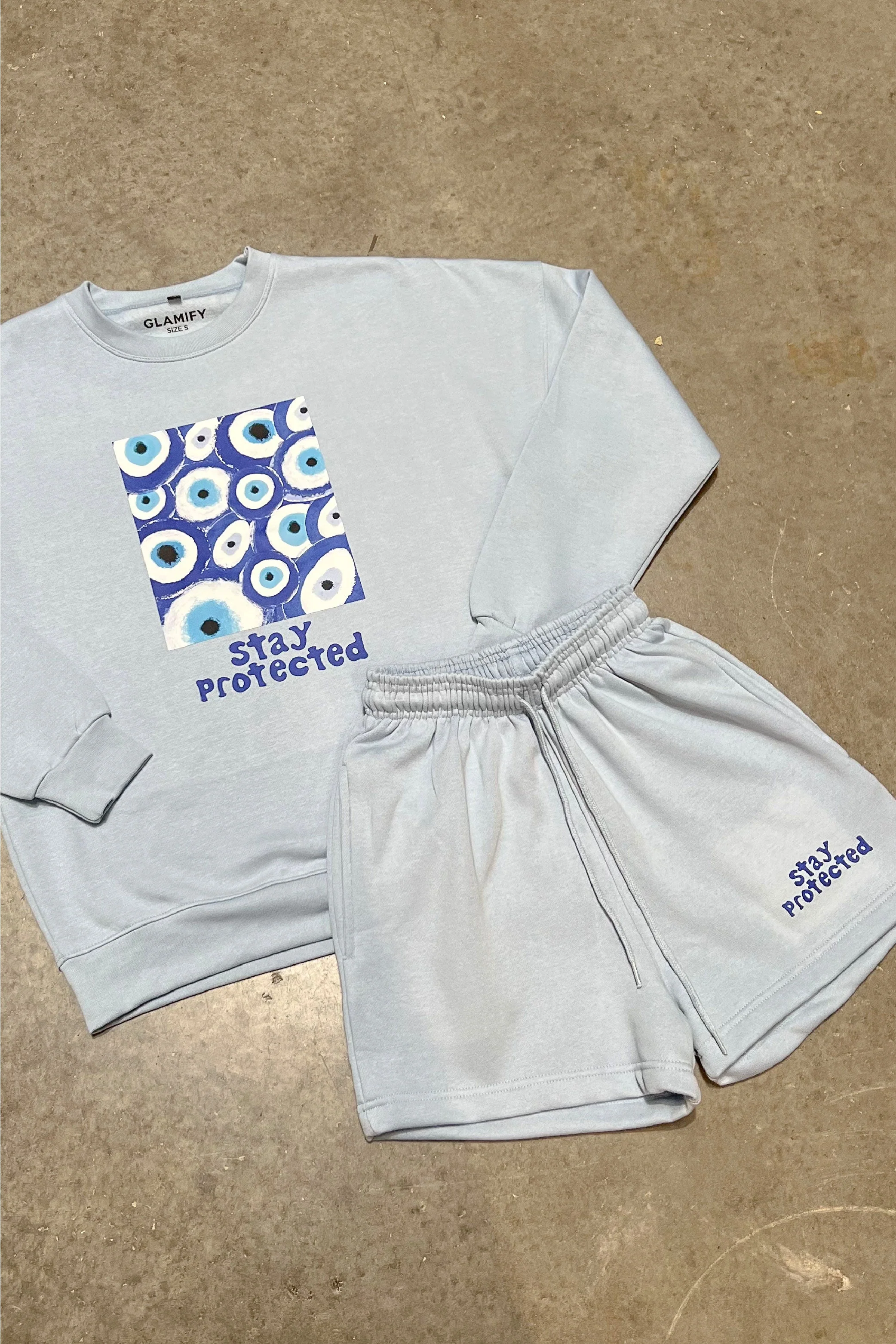 Stay Protected Baby Blue Printed sweater short loungewear set - Image 3