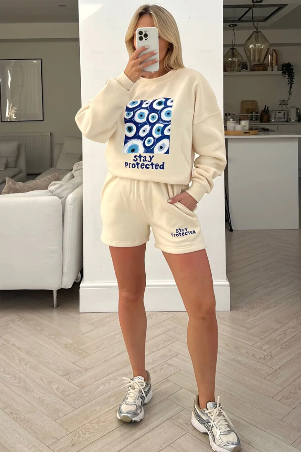 Stay Protected Ecru Printed sweater short loungewear set - Image 2