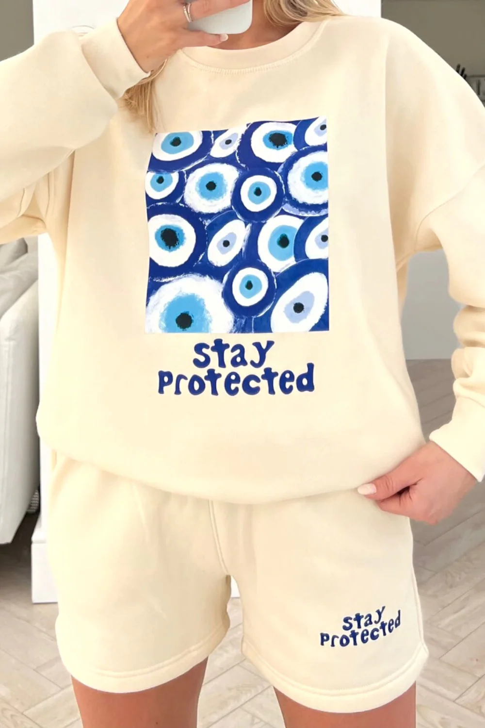 Stay Protected Ecru Printed sweater short loungewear set - Image 3
