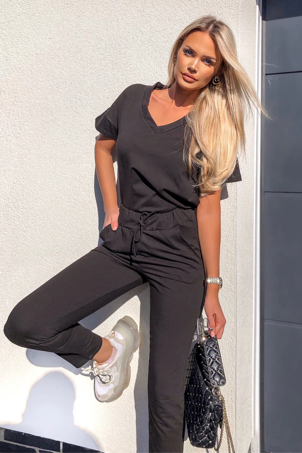 STELLA Black V Neck Loungewear Set