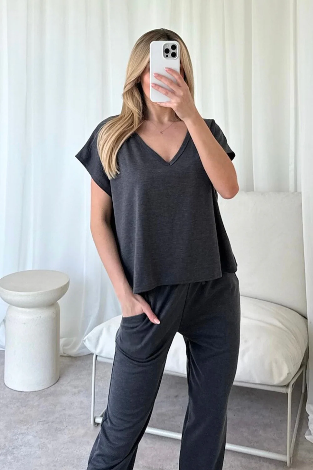 Stella charcoal V Neck Loungewear Set - Image 4