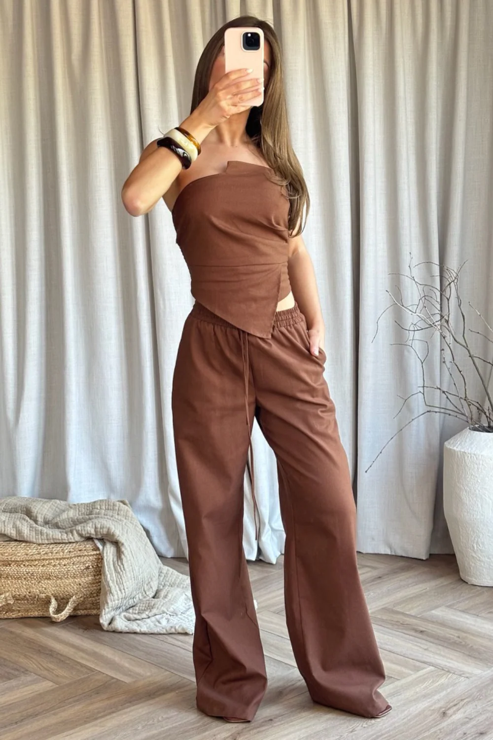 Stella chocolate brown bandeu linen top - Image 3