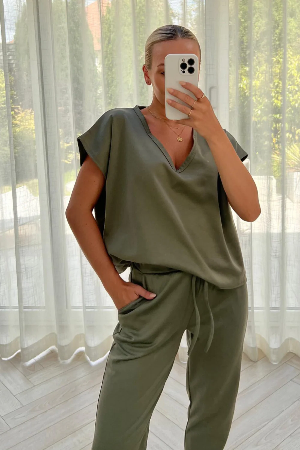 STELLA khaki V Neck Loungewear Set - Image 2