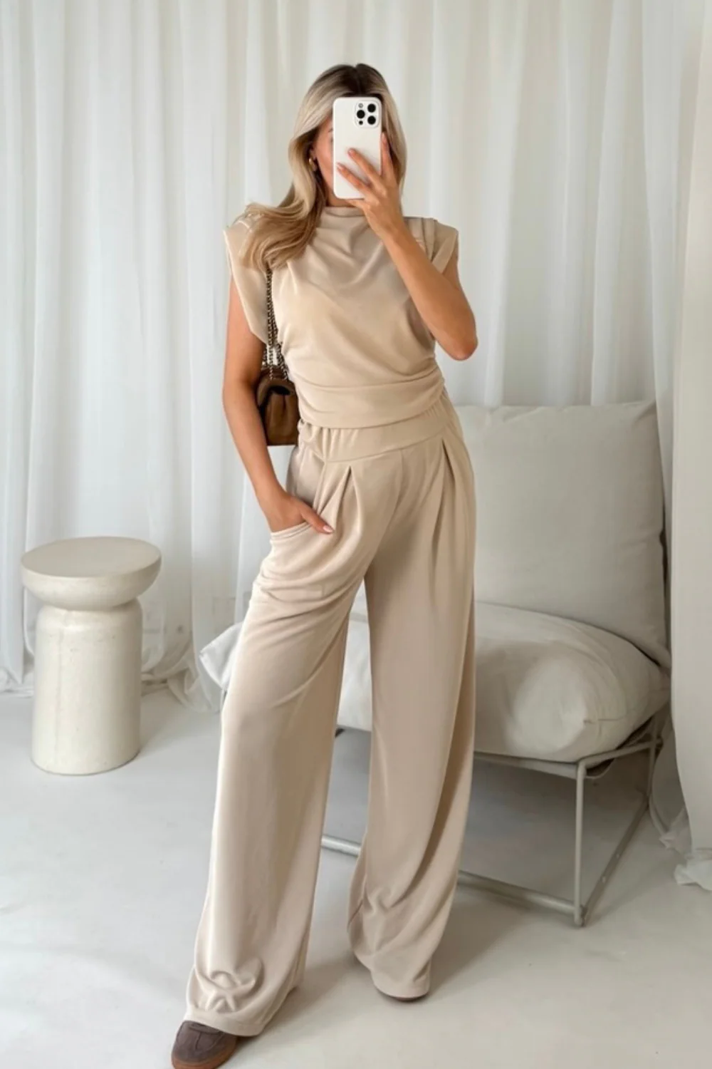 Steph beige sleeveless top and trouser co-ord - Image 3