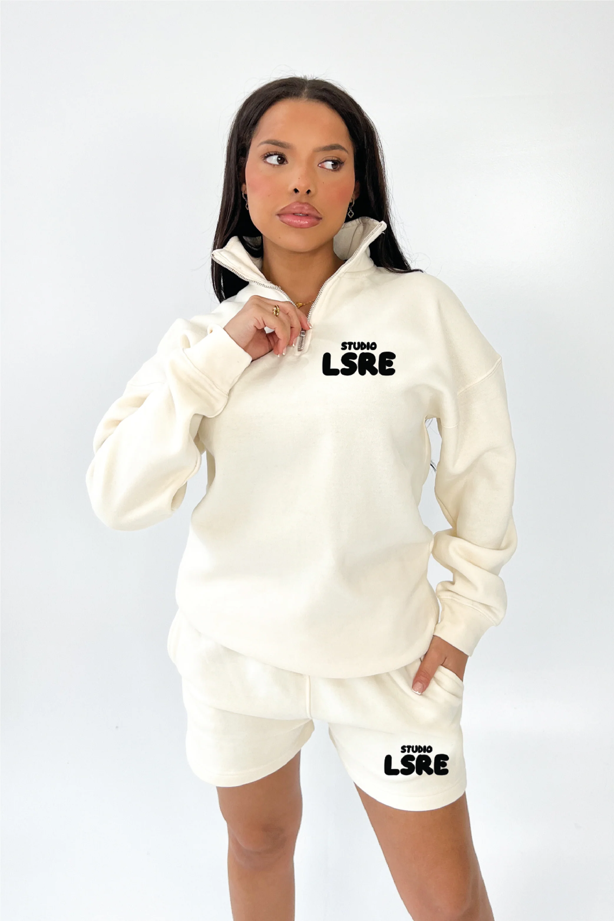 Studio Leisure bubble ecru printed premium 3/4 zip sweater