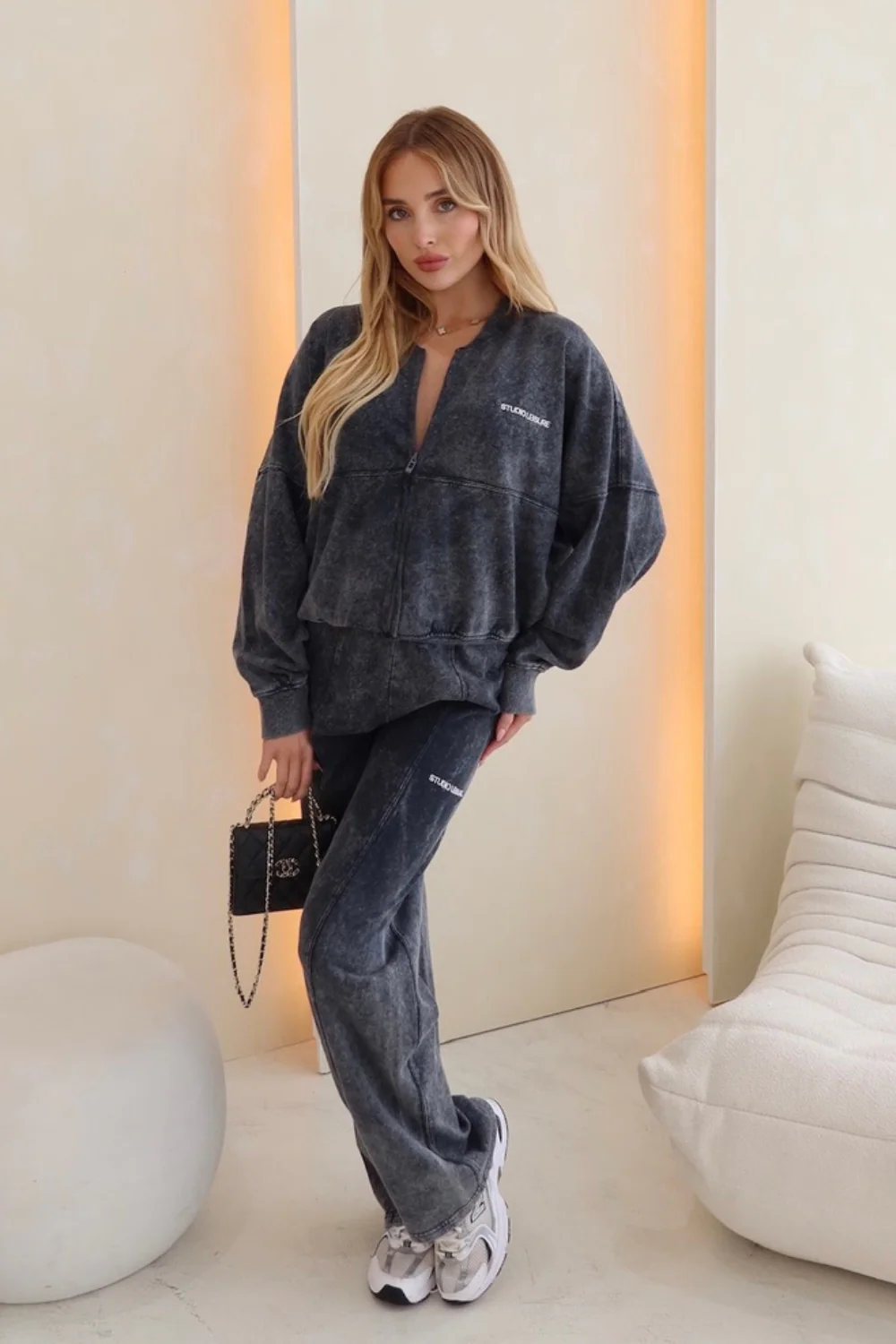 studio leisure embroidered grey acid wash zip up bomber loungewear set - Image 2